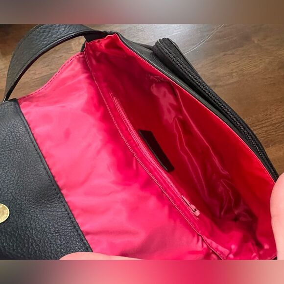 Nora Lozza Black Leather Crossbody Bag Designer Pink Lining Flower Applique - Picture 4 of 11